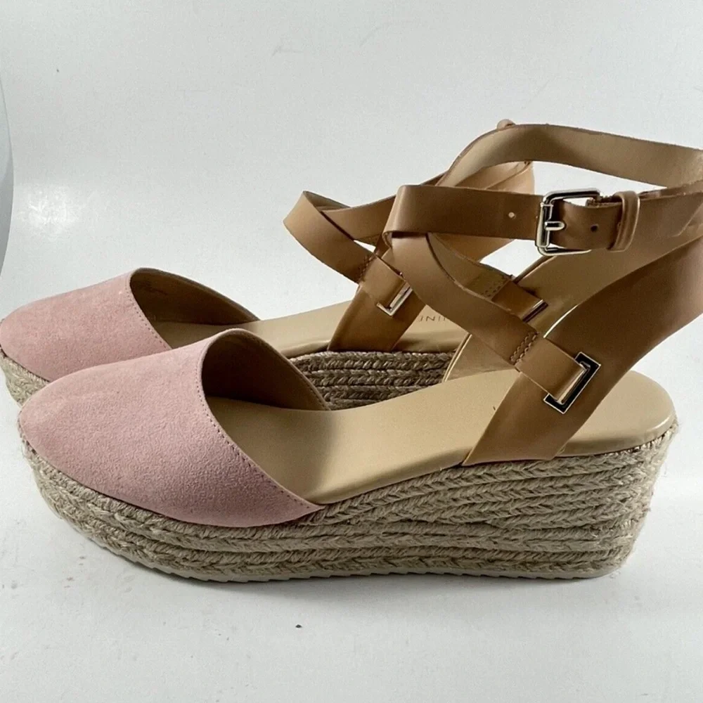 New Nine West Ariela Pink & Beige Espadrille Wedge Sandals Ankle Strap Size 10 M